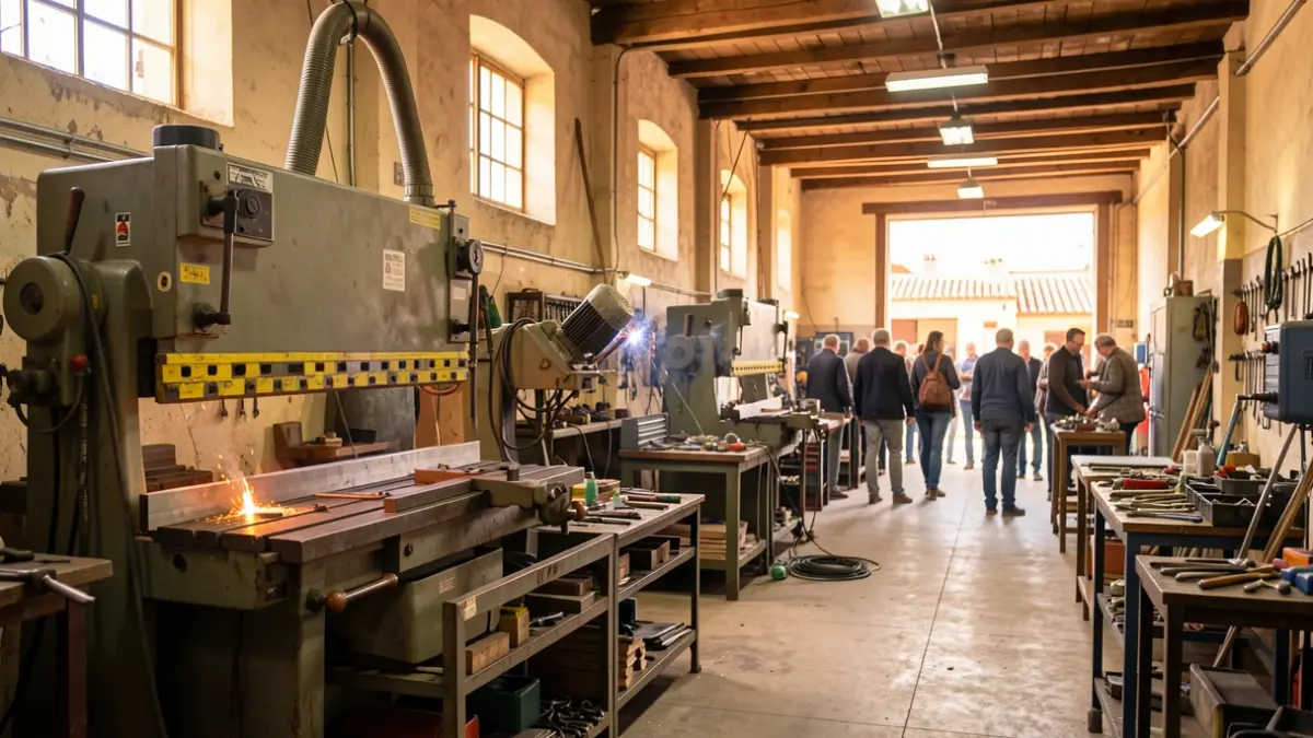 Interior of an industrial metalworking workshop in Andalusia with specialized machinery.