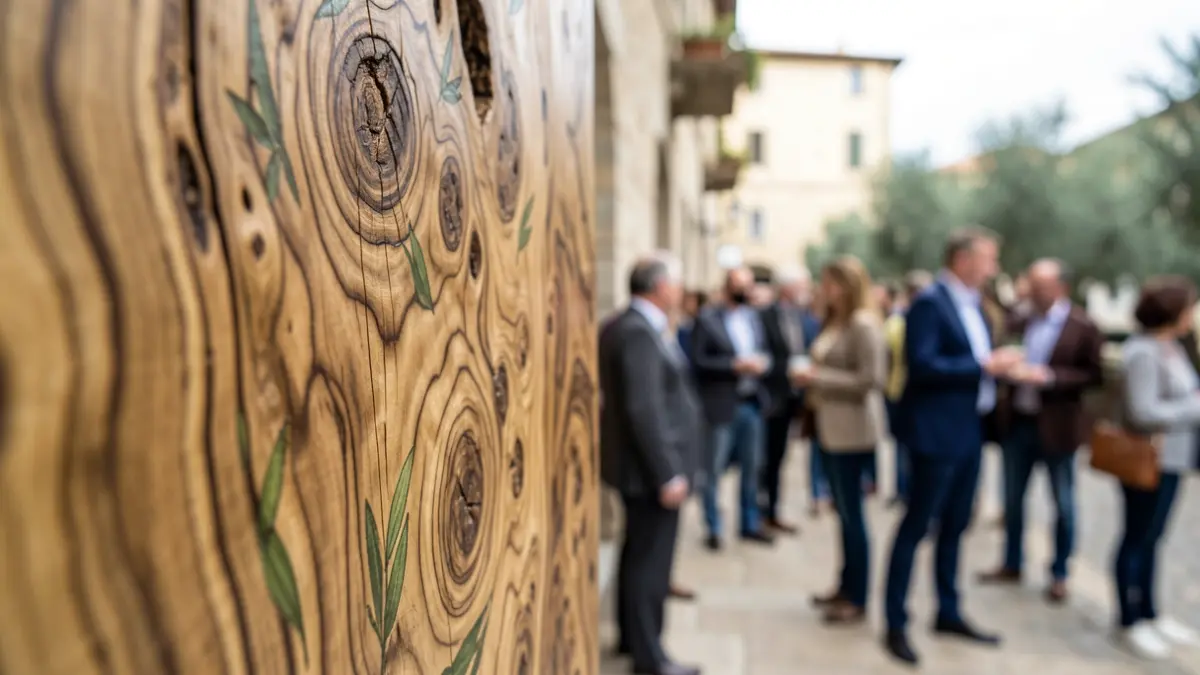 Textura de madera de olivo con hojas verdes, representando el patrimonio olivarero.