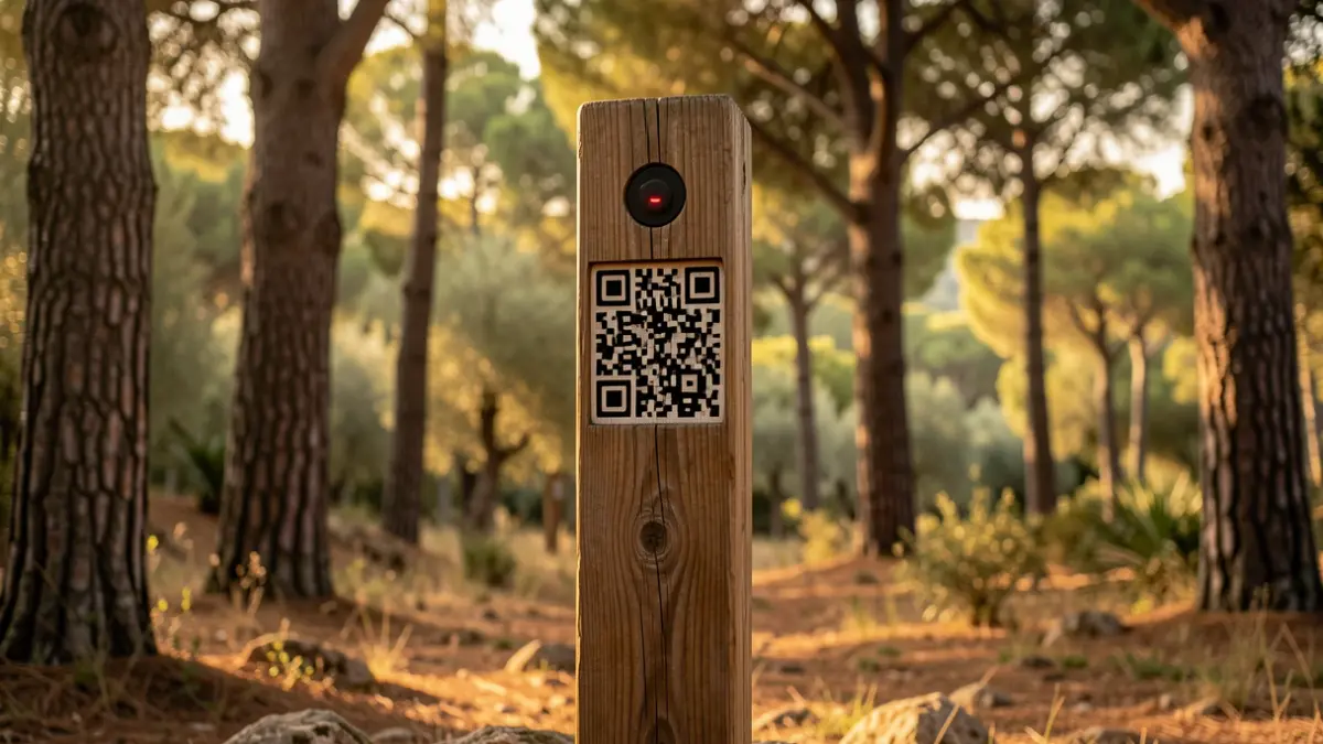 Image of a totem with a QR code in a Mediterranean forest.