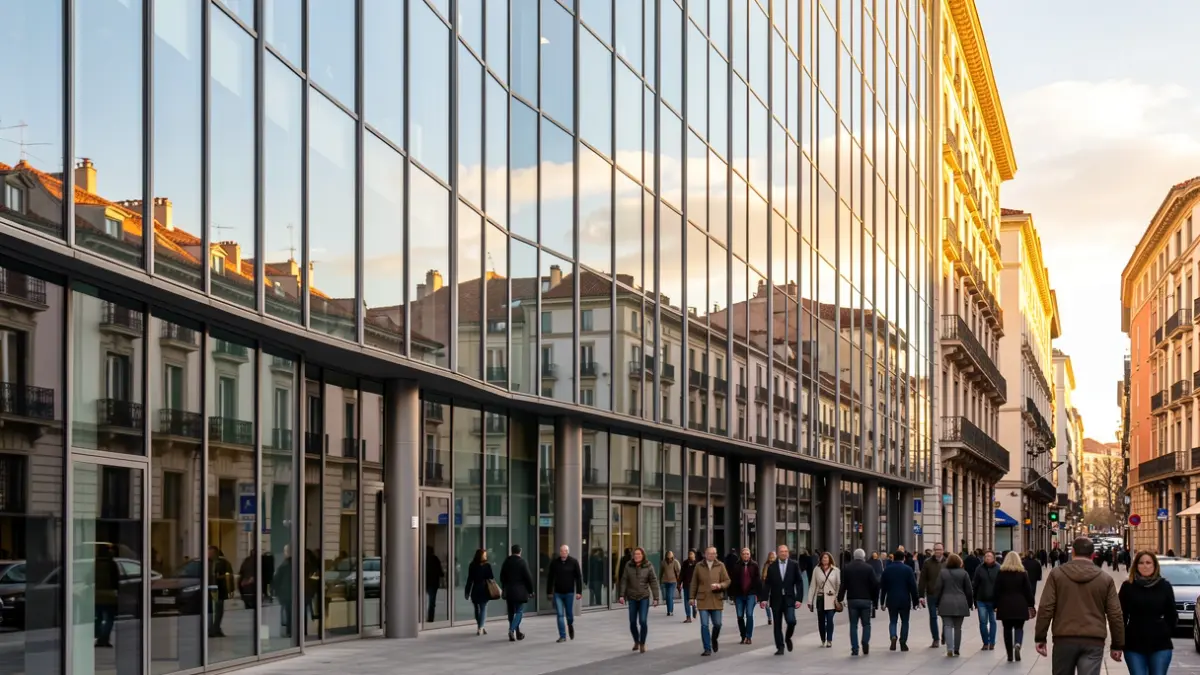 Imagen genérica de un edificio de oficinas moderno con luz de tarde.