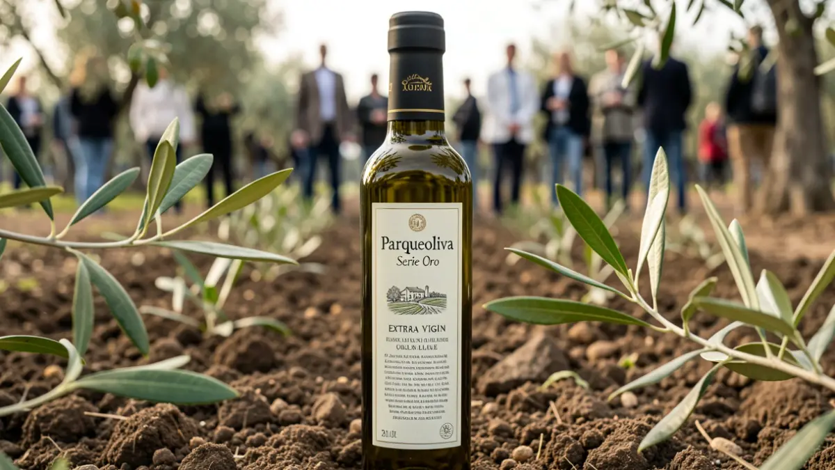 Botella de aceite de oliva virgen extra Parqueoliva Serie Oro.