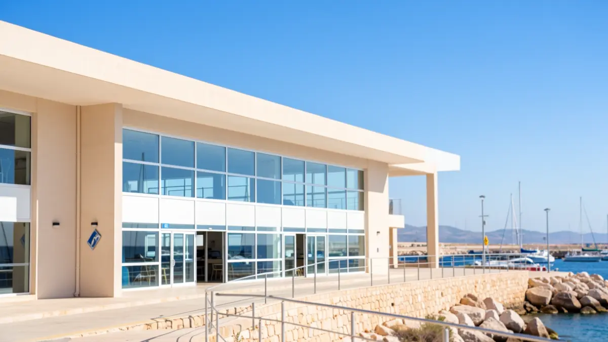 Facade of the Nautical Activity Center in the Port of Almería.
