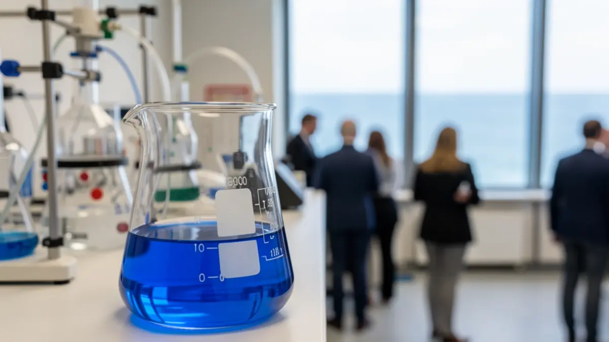 Primeiro plano dun vaso de laboratorio con líquido azul, con equipamento científico e o océano Atlántico ao fondo.