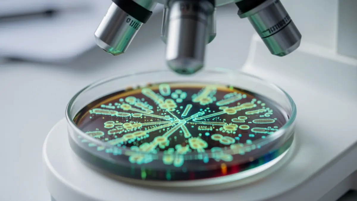 Placa de Petri con cultivo bacteriano brillante bajo microscopio.