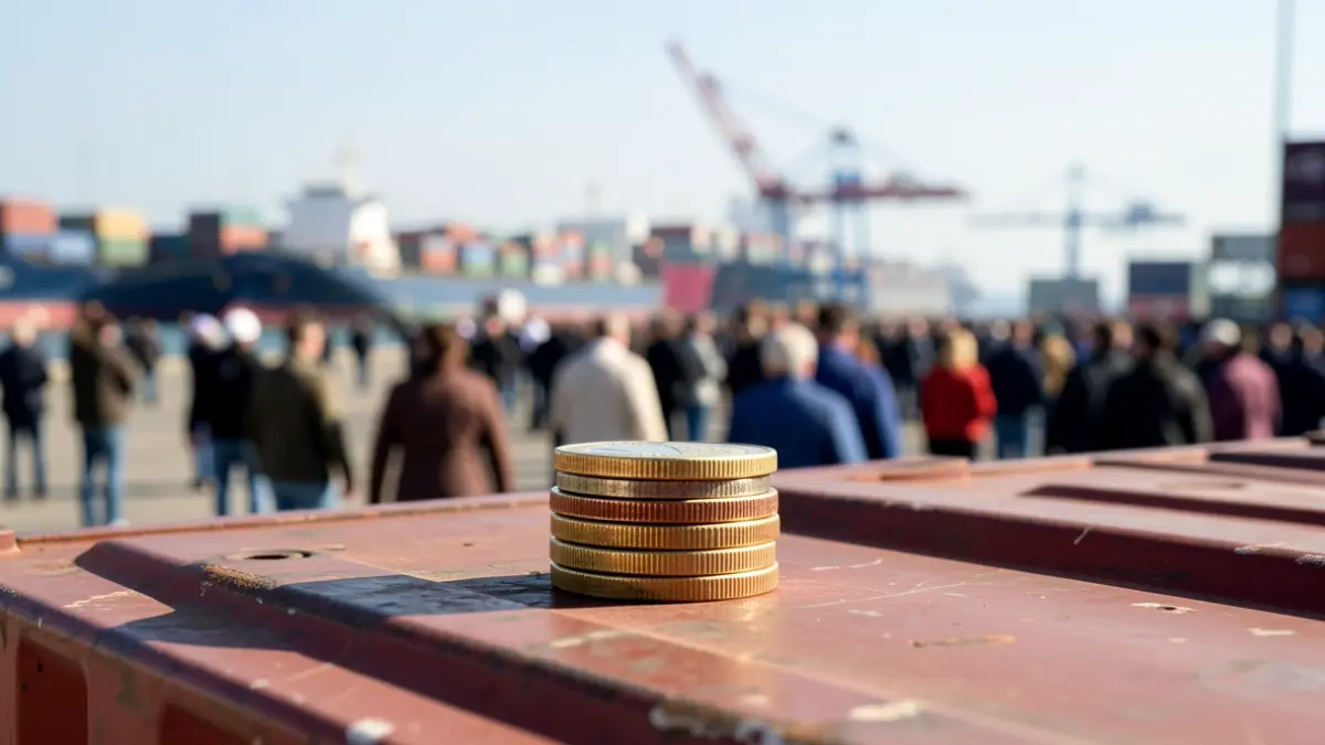 Imagen genérica de monedas de euro sobre un contenedor de carga en un puerto.
