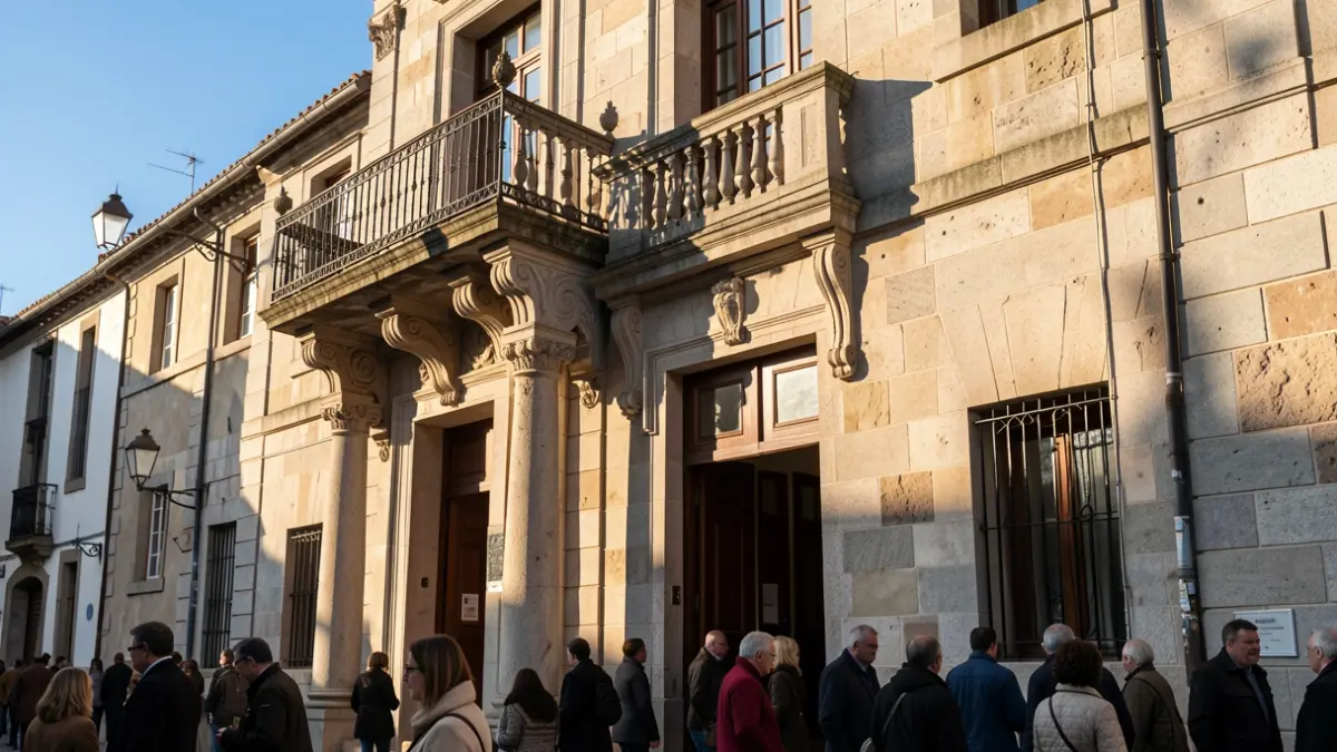Imagen genérica de un ayuntamiento gallego de granito con balcón ornamentado.