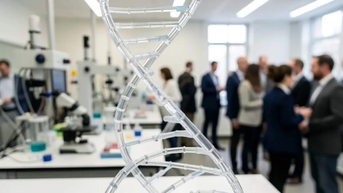 Primer plano de un modelo de hélice de ADN con equipo de laboratorio desenfocado.