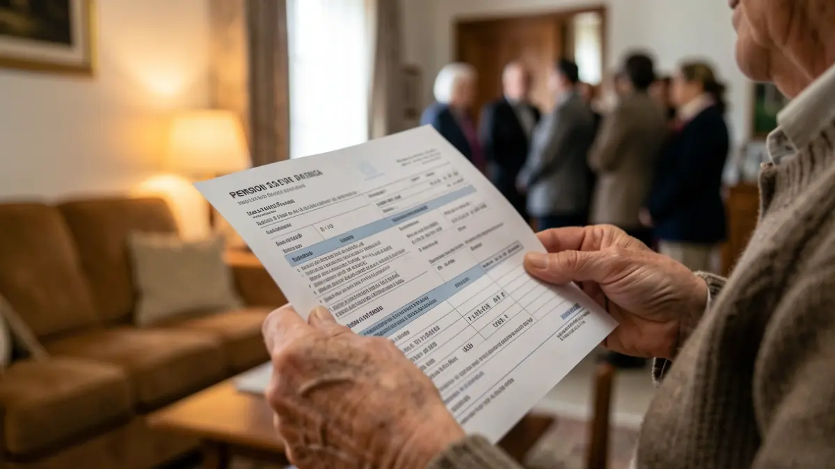 Elderly person's hands holding pension documents and a rental contract.