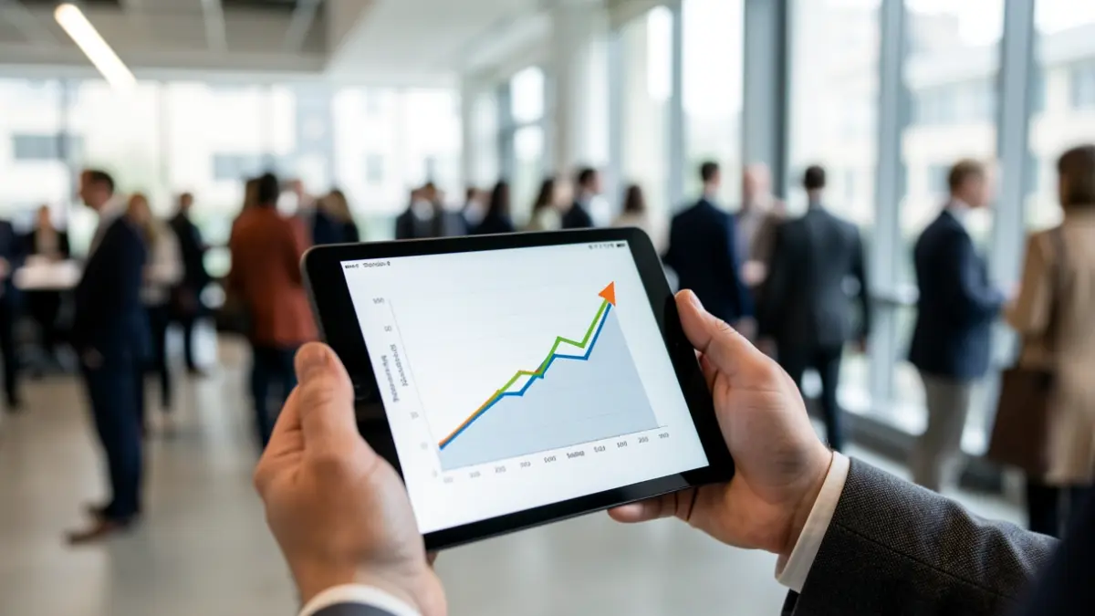Generic image: Hand holding a tablet displaying a graph, with a modern office interior in the background.