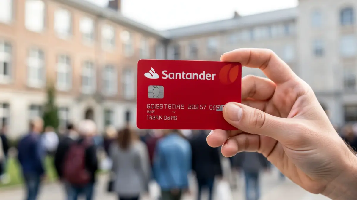Primer plano de una mano sosteniendo una tarjeta del Banco Santander, con edificios universitarios desenfocados al fondo.