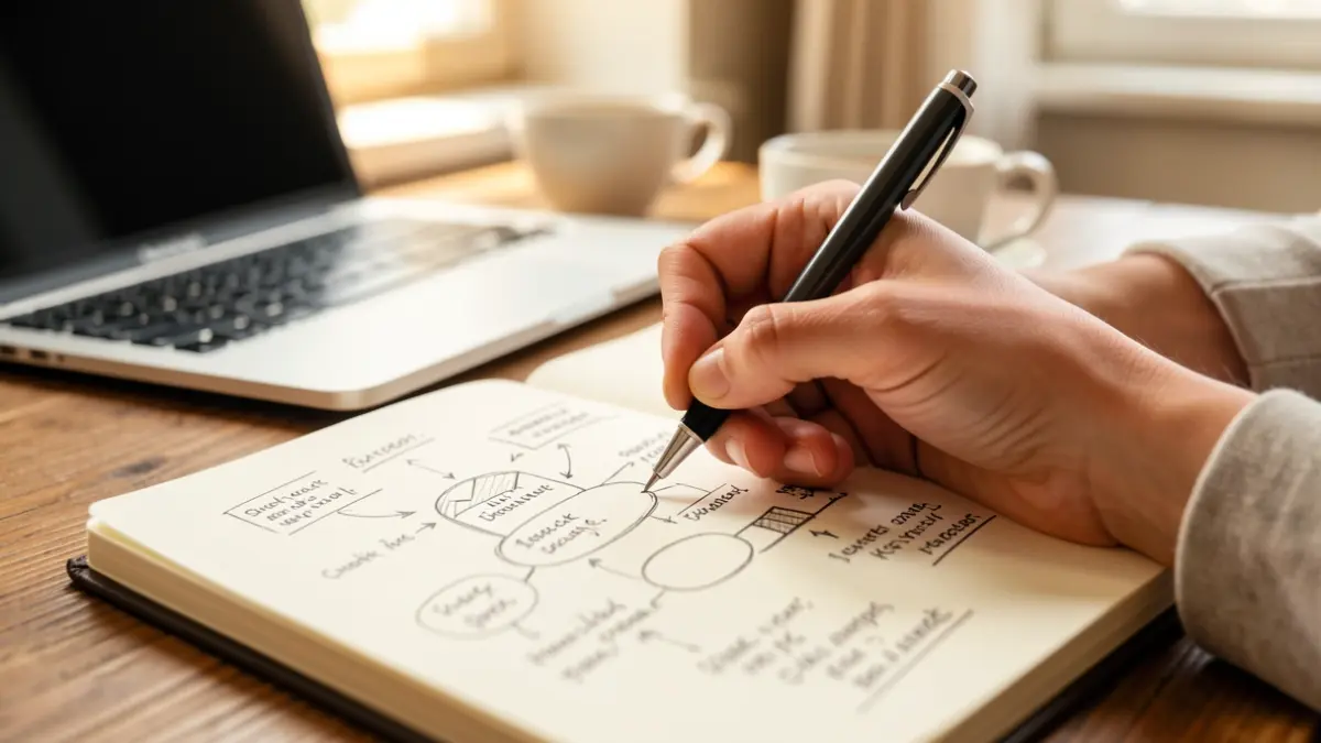Primeiro plano das mans dunha muller debuxando un plan de negocio nun caderno, con portátil e café desenfocados ao fondo.