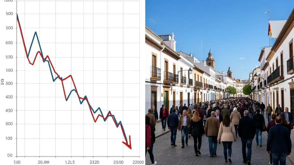 Gráfico de tendencia descendente junto a una vista genérica de una ciudad andaluza.