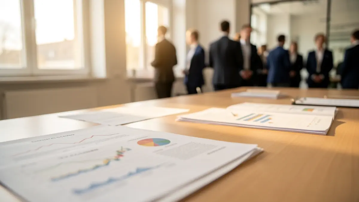Generic image of an office with financial charts and documents on a desk.