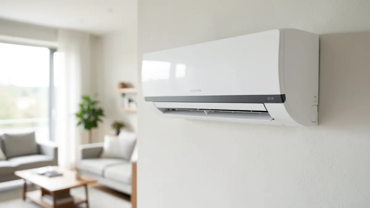 Imagen de un moderno aire acondicionado de alta eficiencia energética instalado en una sala de estar.