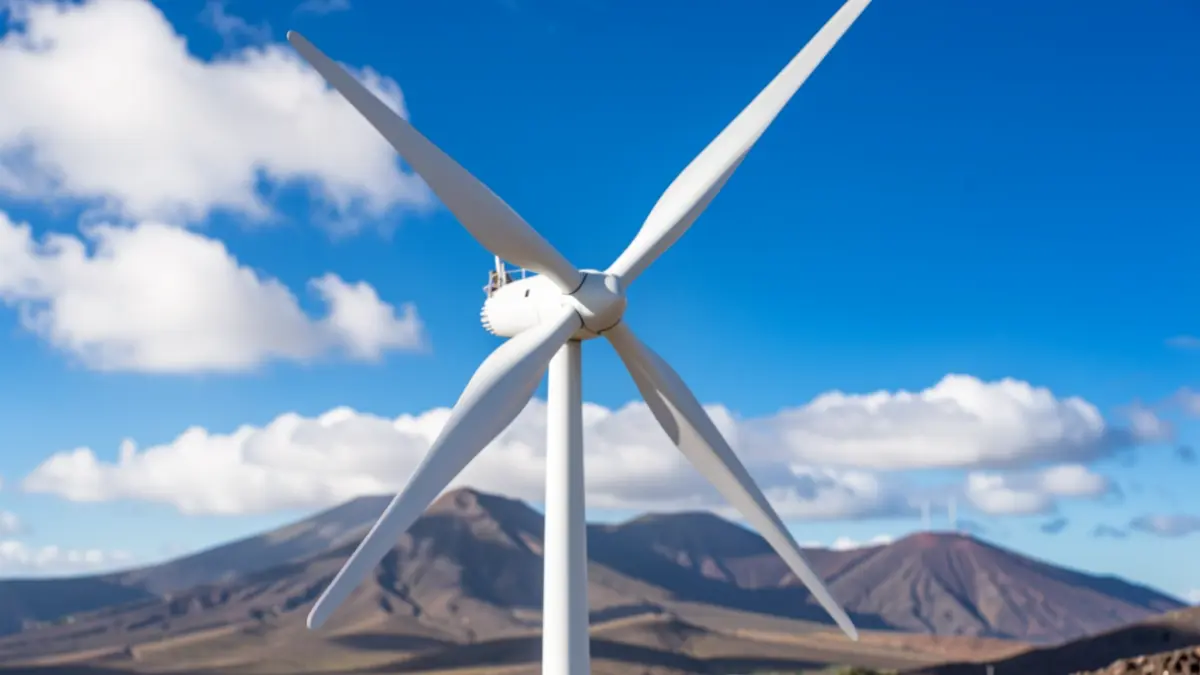 Close-up of a wind turbine blade against a vibrant blue sky with scattered clouds, symbolizing renewable energy generation in the Canary Islands. Subtle volcanic landscape in the background.