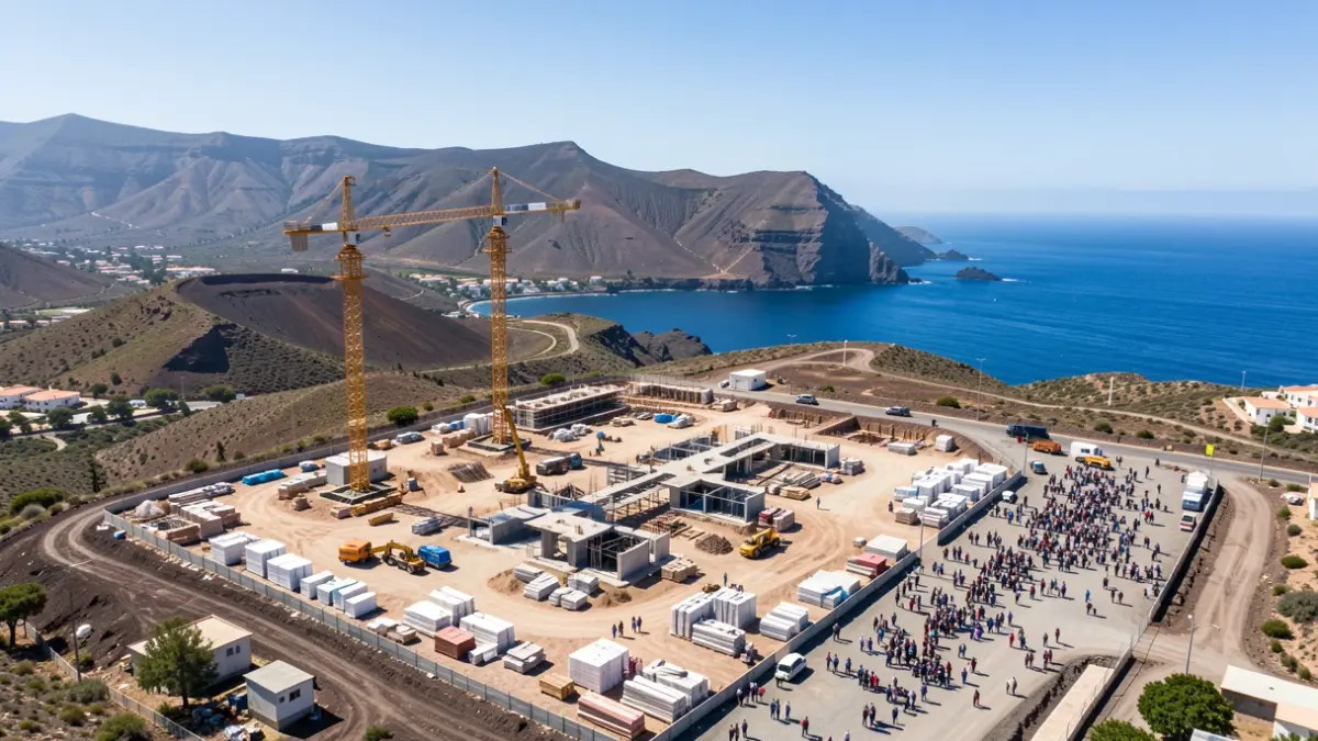 Aerial view of a construction site in the Canary Islands with cranes and materials, surrounded by volcanic landscape and the sea.
