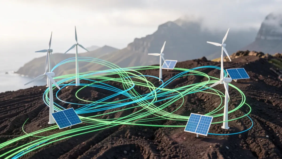 Representación abstracta de la integración de energías renovables en el sistema eléctrico de Canarias, con elementos de turbinas eólicas y paneles solares sobre un paisaje volcánico.