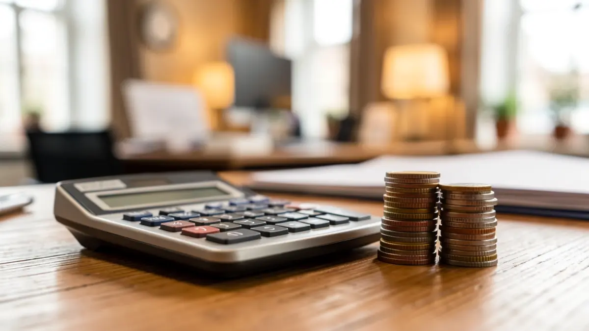 Imagen genérica de elementos financieros como monedas y calculadora sobre una mesa.