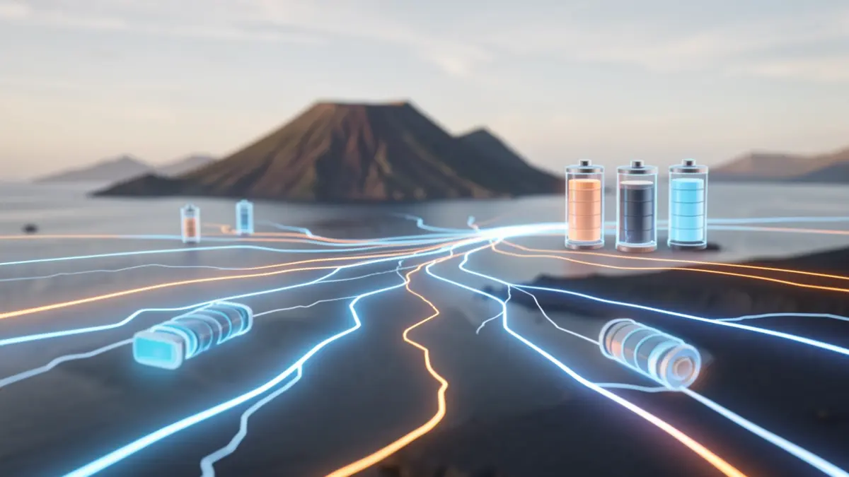 Representación abstracta del flujo de energía eléctrica y almacenamiento con elementos de paisaje volcánico.