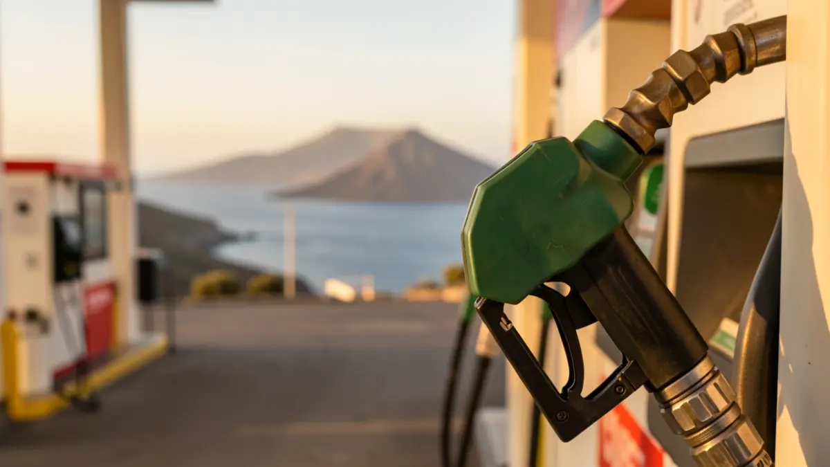 Close-up of a fuel pump nozzle with the volcanic landscape of the Canary Islands in the background.