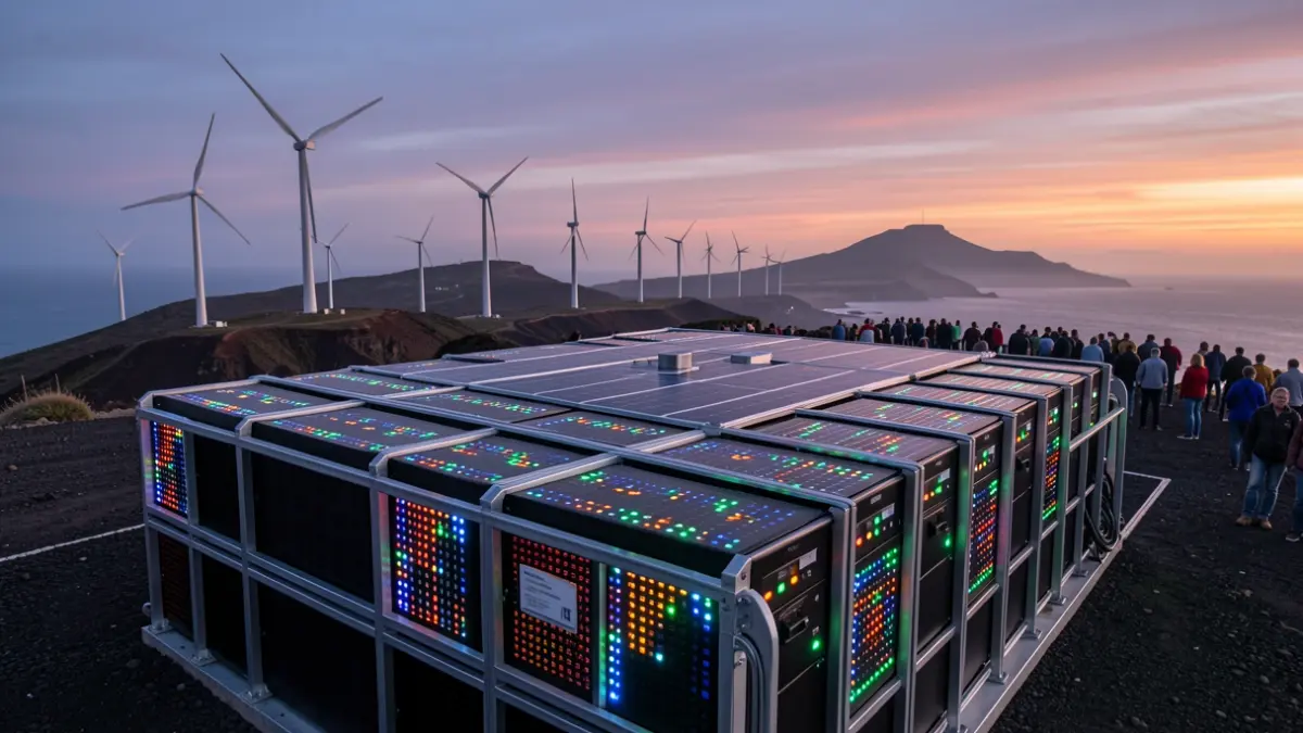 Image of a large-scale battery system with wind turbines at sunset in a volcanic landscape of the Canary Islands.