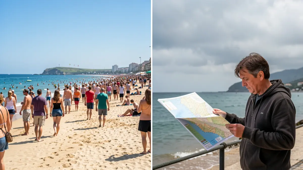 Split image: foreign tourists on a beach and a Catalan person looking at a map of Catalonia.