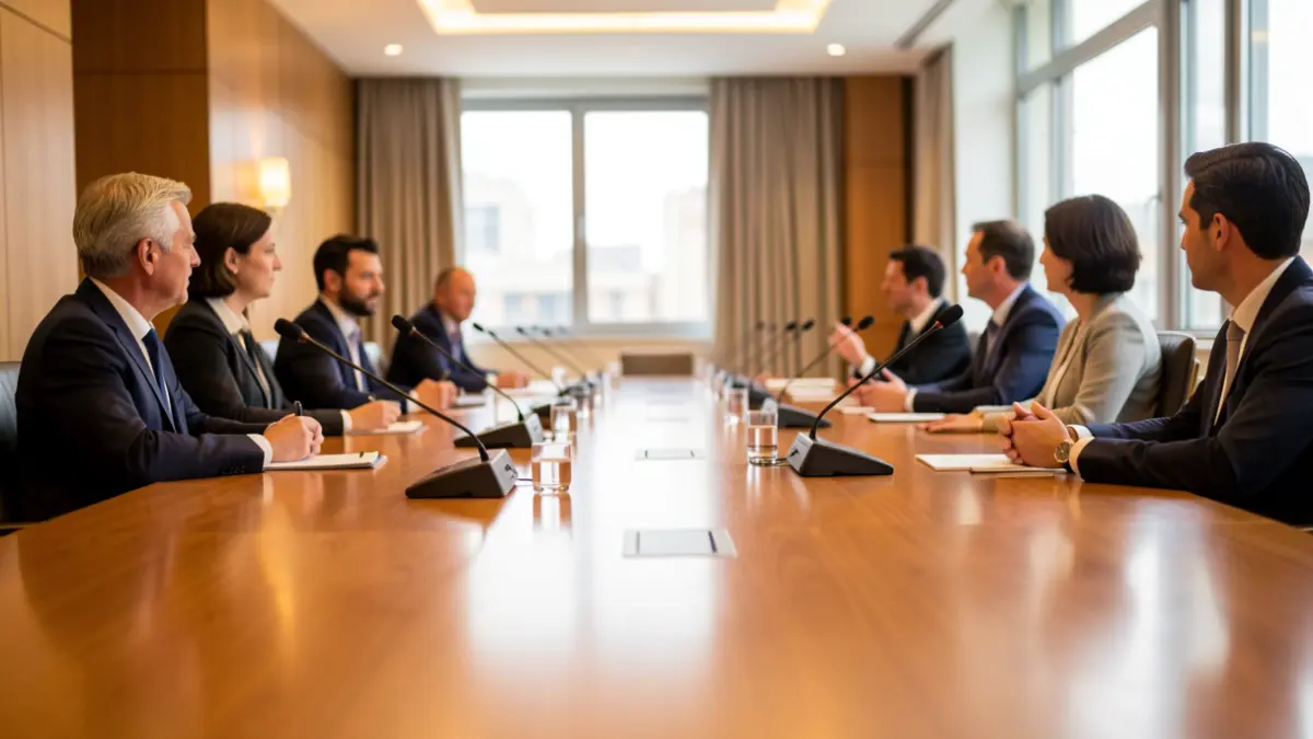Modern conference room in Madrid with a meeting table and microphones.