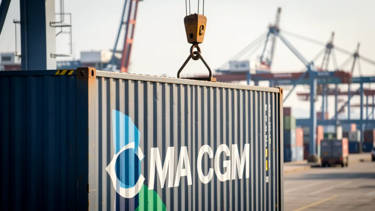 Grúa portuaria elevando un contenedor de CMA CGM en el muelle de Algeciras.