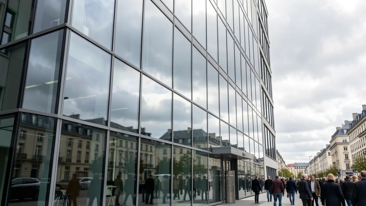 Imaxe xenérica dun edificio de oficinas moderno con fiestras de cristal.