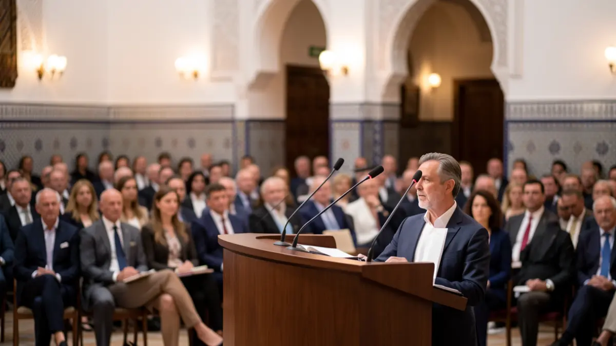 Imagen genérica de un evento institucional con un atril y elementos arquitectónicos andaluces.