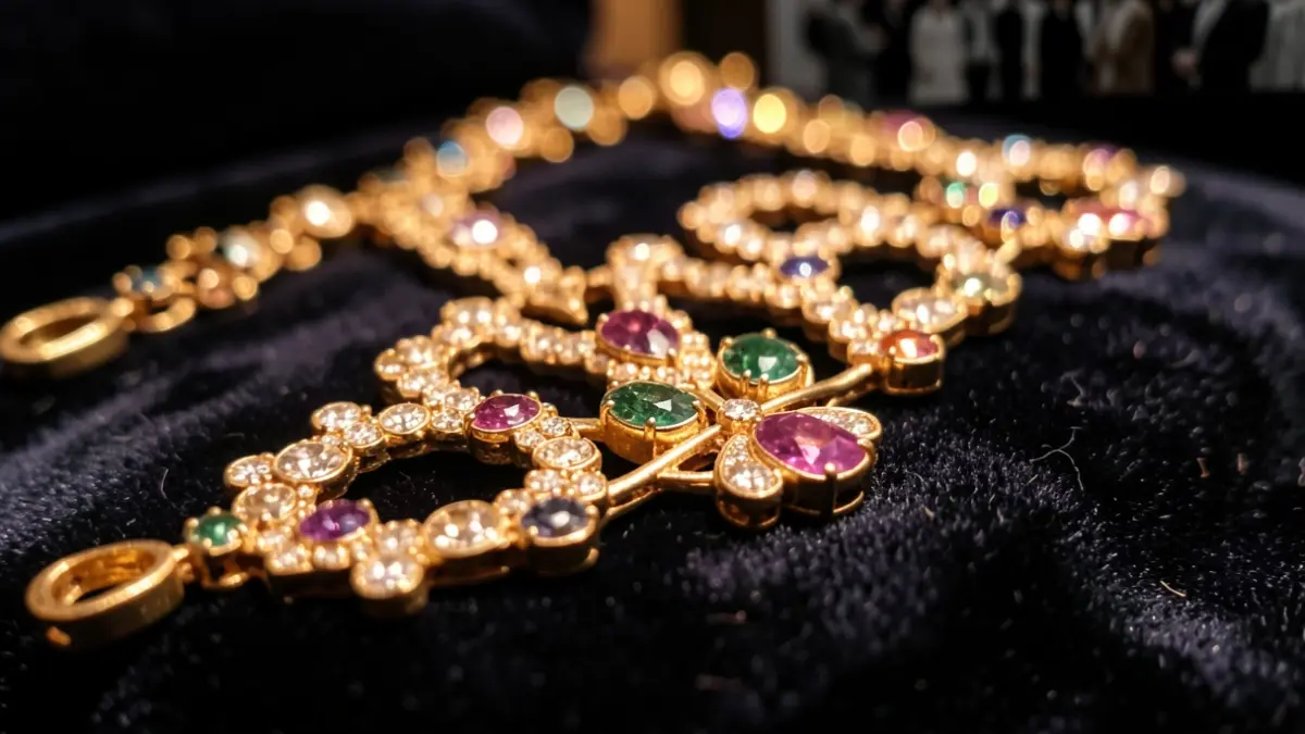 Primer plano de intrincada joyería de oro con piedras preciosas, reflejando luz cálida sobre terciopelo oscuro.