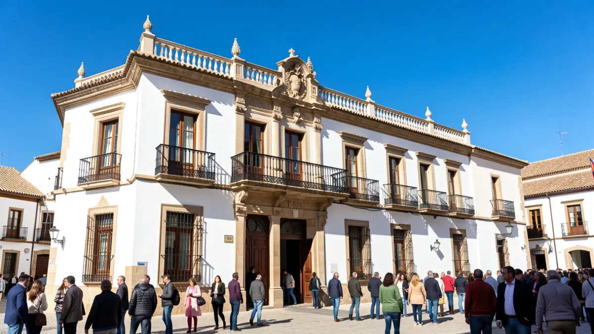 Fachada del Ayuntamiento de Écija, edificio histórico con balcones ornamentados bajo un cielo azul andaluz.