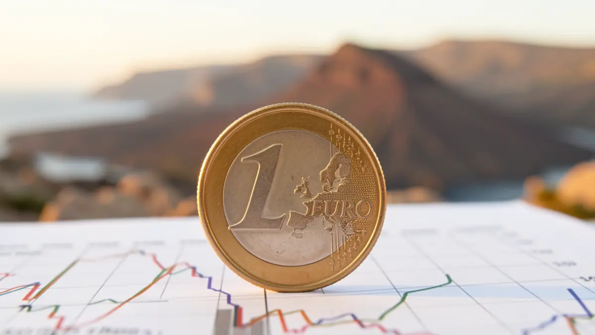 Imagen genérica de una moneda de Euro sobre un gráfico financiero con paisaje volcánico de Canarias al fondo.
