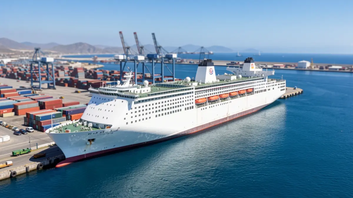 Aerial view of the hospital ship docked at the Port of Las Palmas during maintenance works.