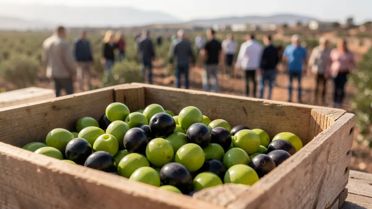 Imagen genérica de aceitunas frescas en una caja de madera para la campaña de recolección.
