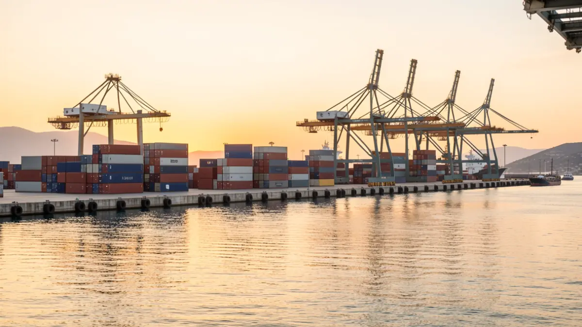 Imagen genérica de infraestructuras portuarias y logística comercial al atardecer.