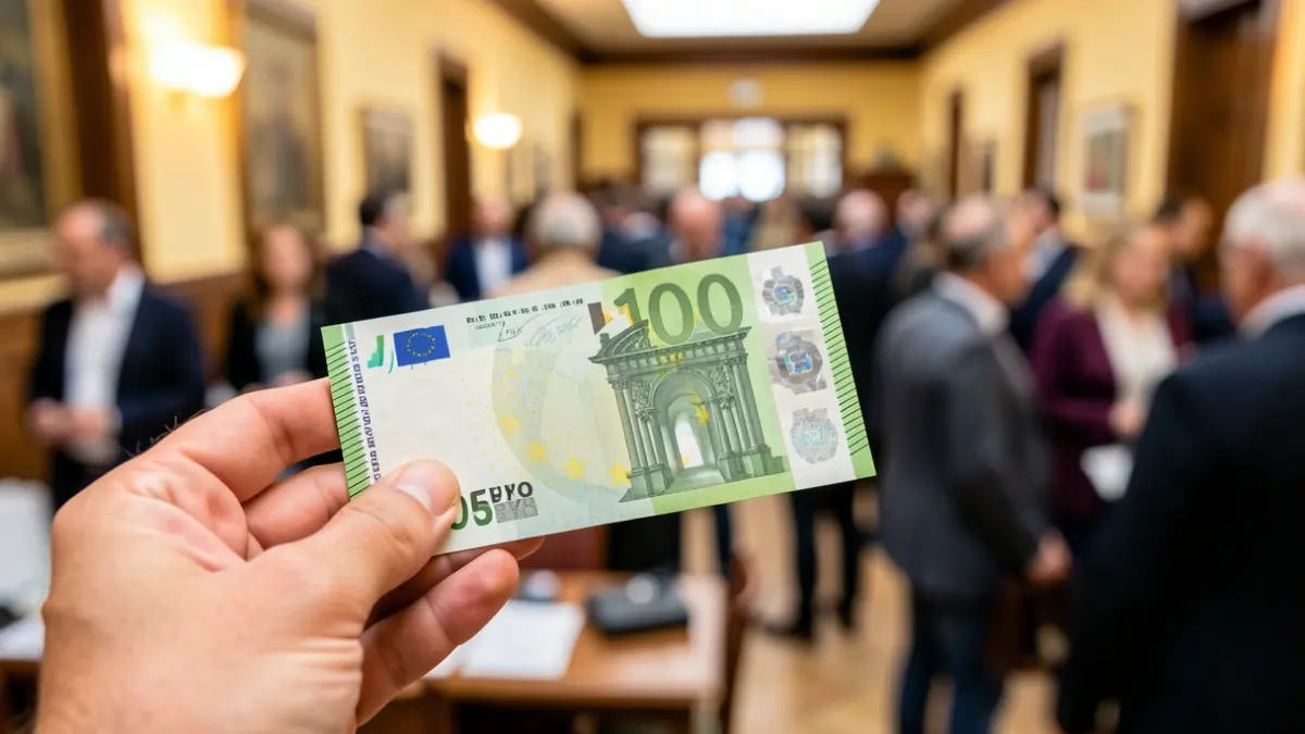 Primer plano de un billete de 100 euros en una mano con un entorno de oficina andaluza desenfocado al fondo.