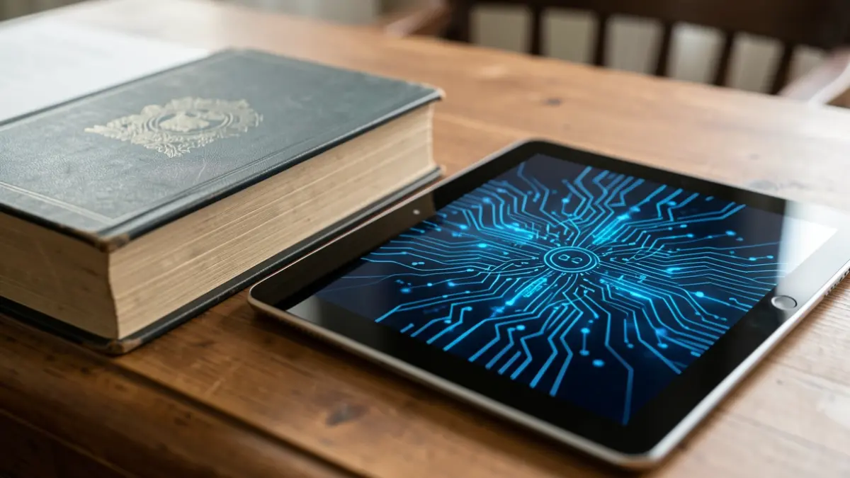 Legal book and tablet with AI patterns on a desk.