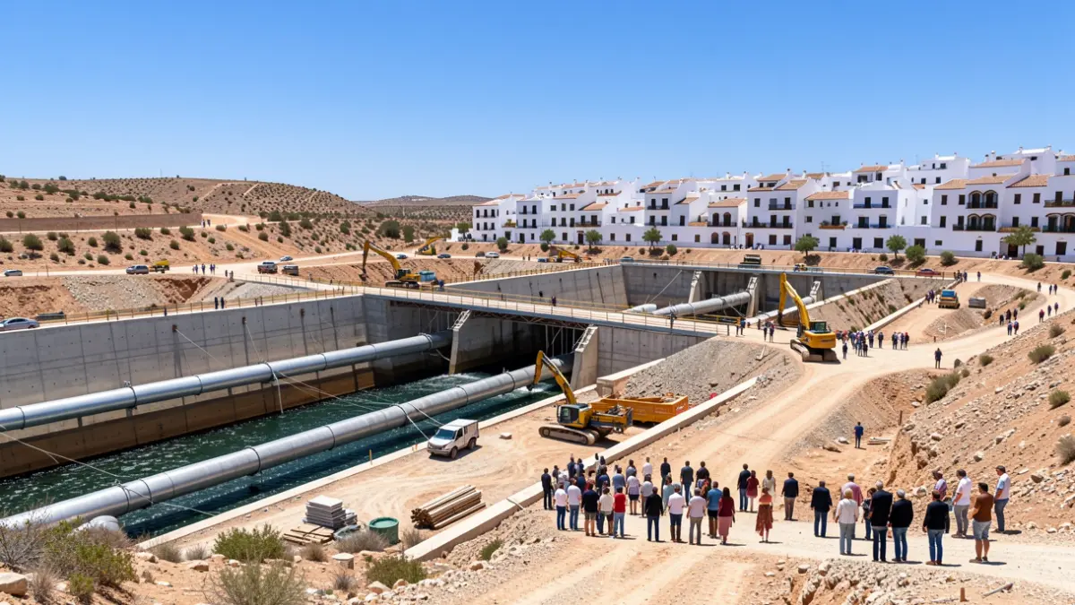 Image of a large hydroelectric dam construction site in an arid Andalusian landscape.