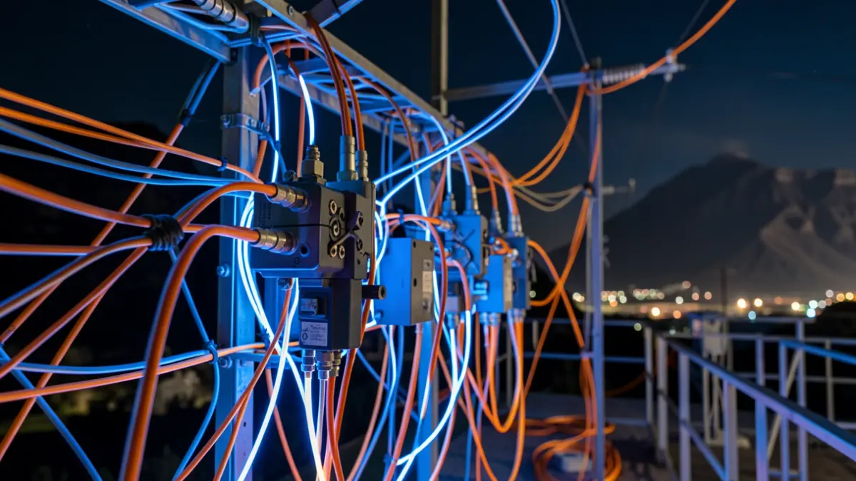Image of the electrical grid with cables and transformers, with a volcanic landscape of the Canary Islands in the background.