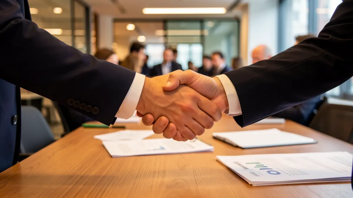 Generic image of a business deal closing in an office.