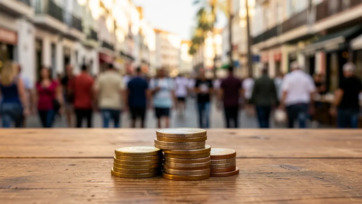 Image of euro coins on a table with a blurred urban background.