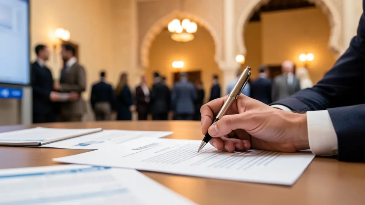 Imagen de una mano firmando un documento oficial en un escritorio.