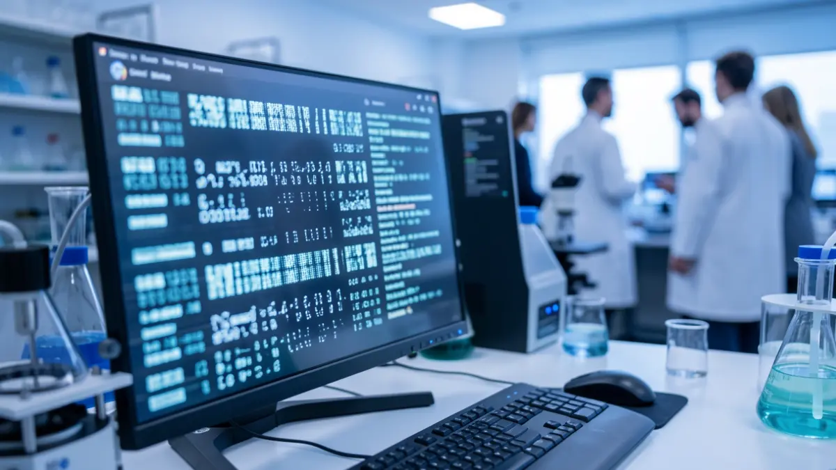 Generic image of a genomic analysis laboratory with digital screens.