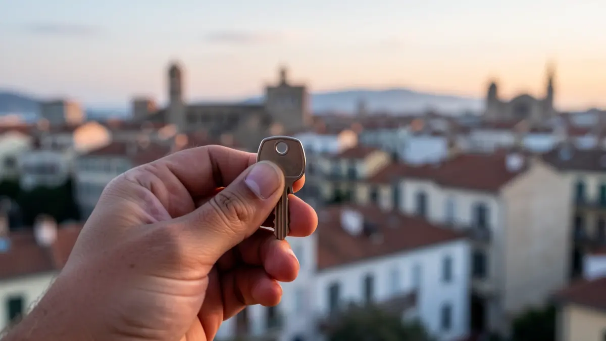 Generic image of a house key with a Mediterranean urban landscape in the background.