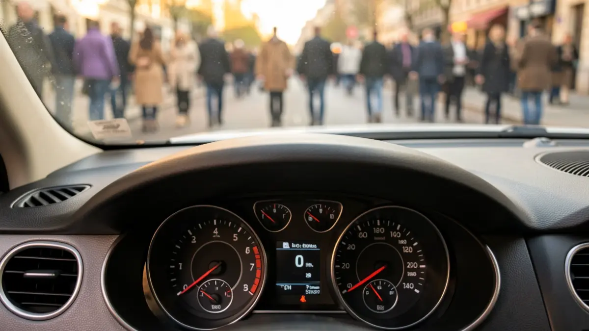 Panel de control de un coche con velocímetro y nivel de combustible.