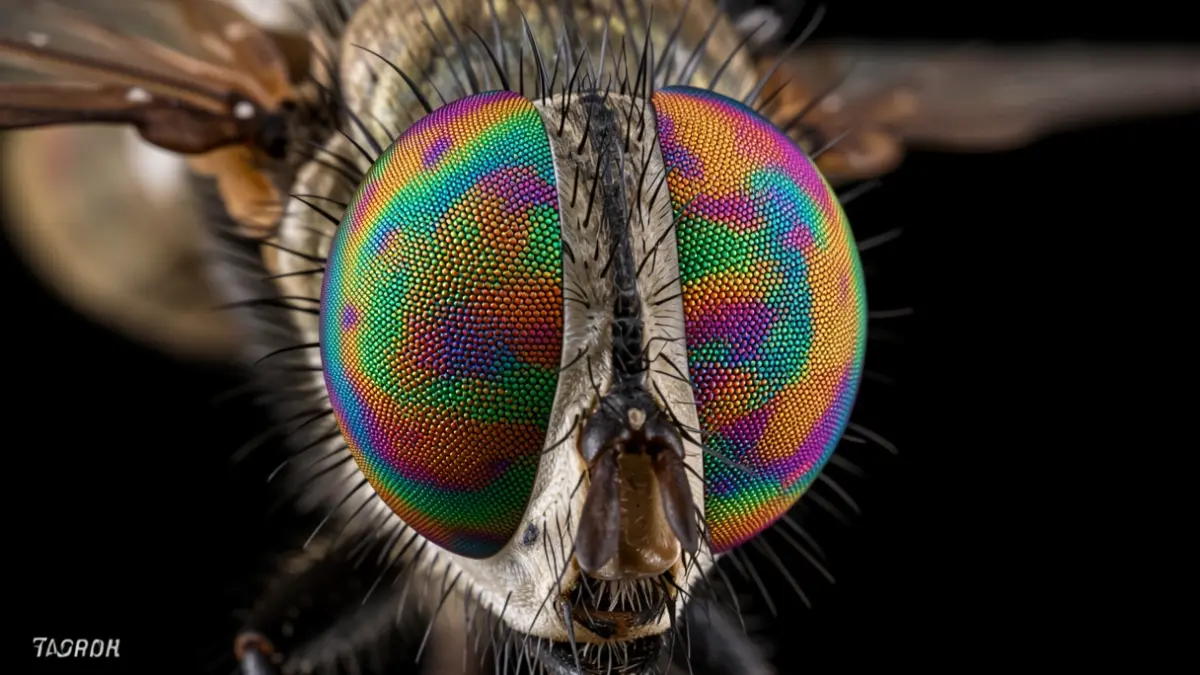 Close-up of a fly's compound eye, showing its facets.