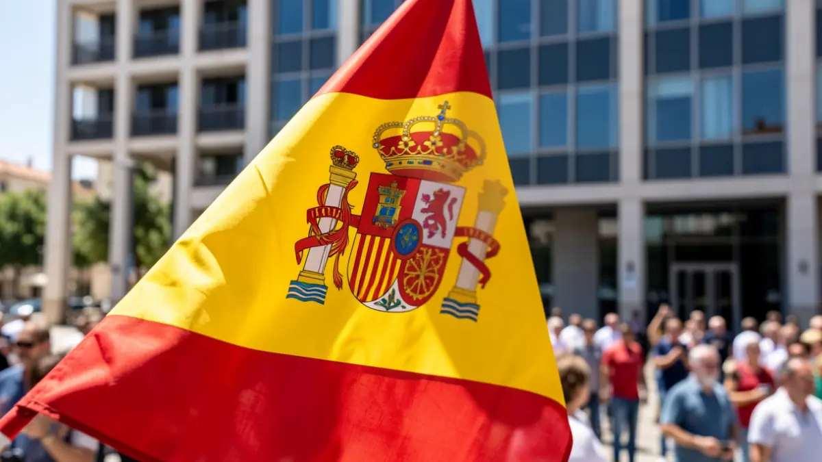 Generic image of a Spanish flag with a modern office building in the background.