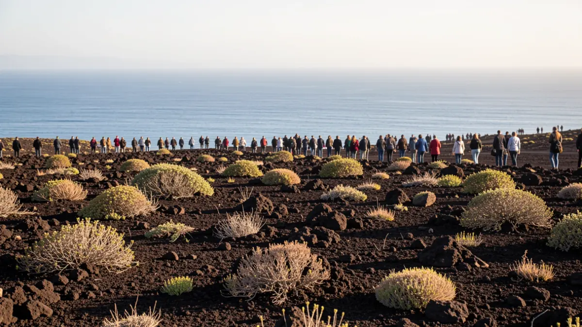Generic image of a Canarian volcanic landscape with sparse vegetation and the ocean in the background.