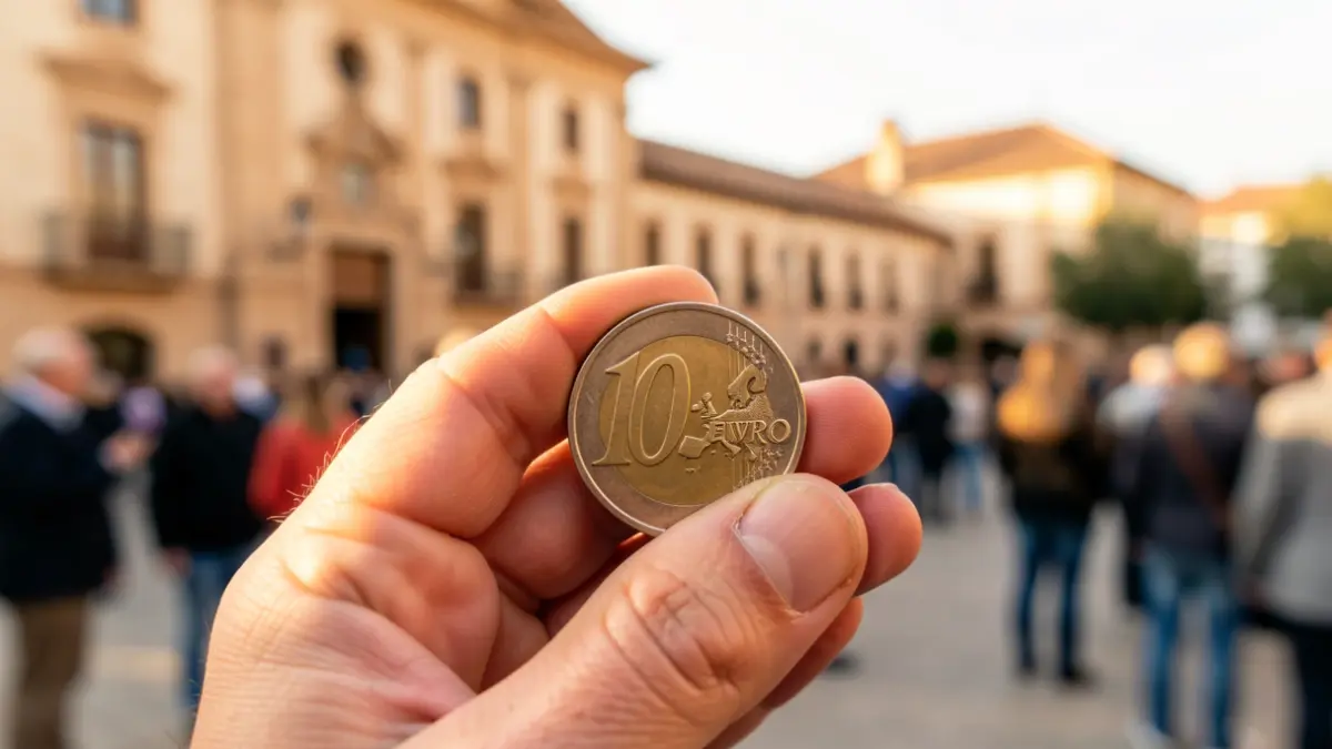 Close-up of a 10 Euro coin with a blurred Andalusian official building in the background.